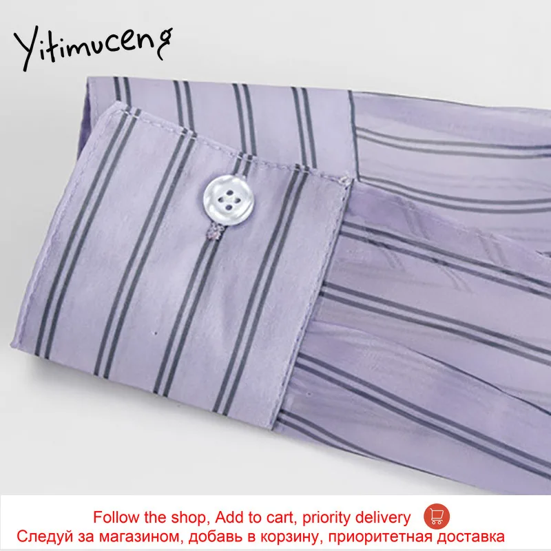 

Yitimuceng Striped Patchwork Ruffles Blouse Women Button Up Shirts Loose New Spring 2021 Long Sleeve Turn-down Collar Sweet Tops