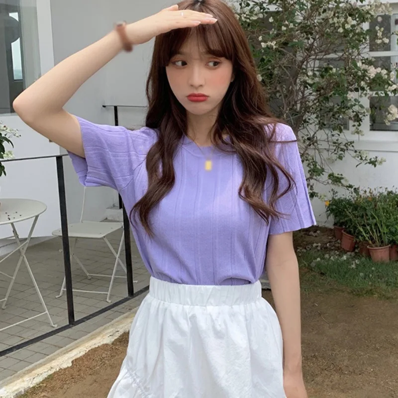 

Summer Casual Knitted T Shirts Top Women Fashion Solid Color Short Sleeve Slim T Shirts