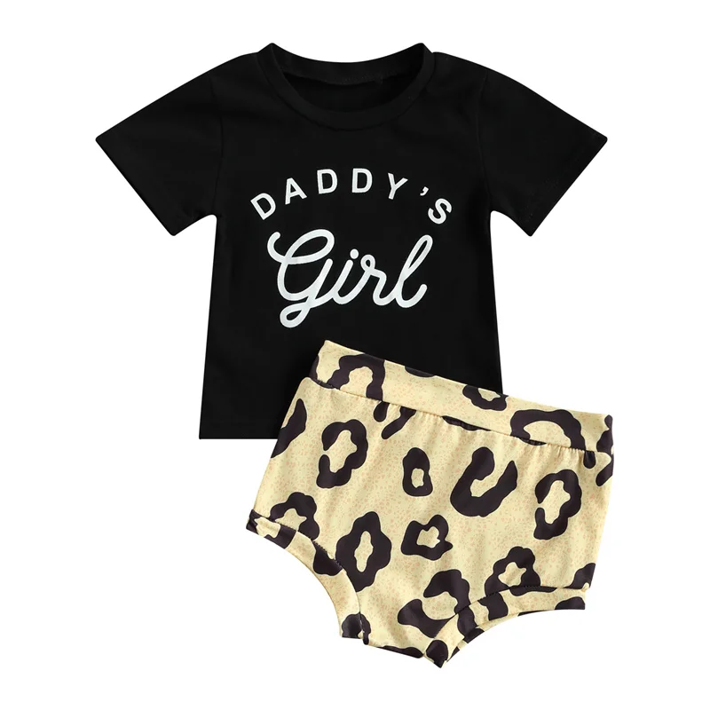 

2Pcs Fashionable Baby Girls Outfit, Toddlers cute Style Summer Short Sleeve Round Collar Letter Top + Leopard Print Shorts Set