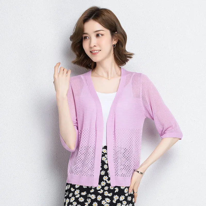 

Women Summer Green Red Purple White Wrap Cardigan Thin Transparent Sweater Half Sleeve V-Neck Crochet Top Braided Garment M 4XL