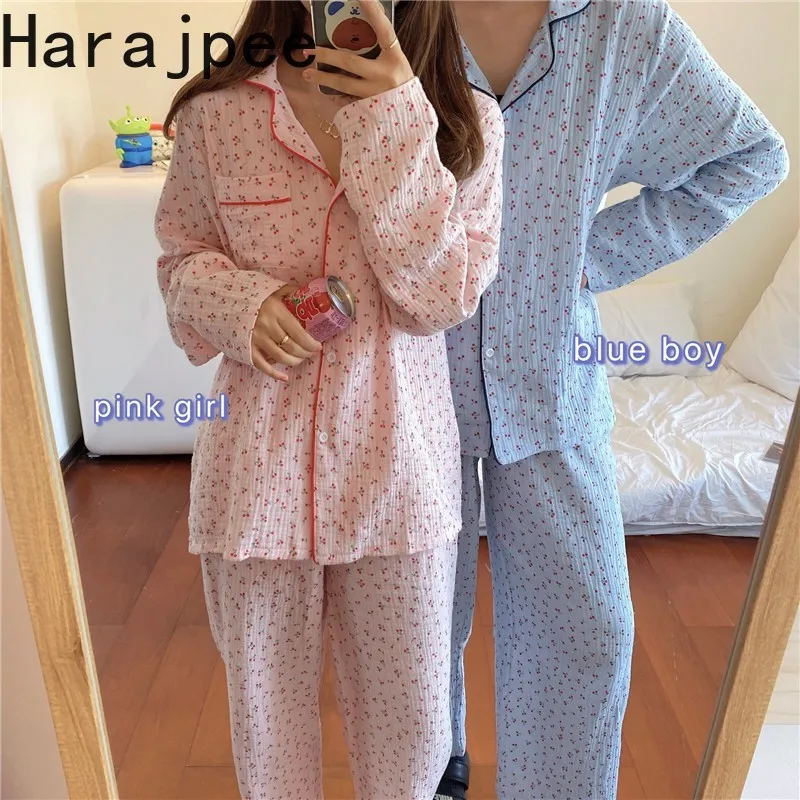 

Парные пижамы Harajpee, Корейская пижама с принтом вишни в стиле Ins, свободные удобные хлопковые брюки с длинным рукавом, домашняя одежда для отд...