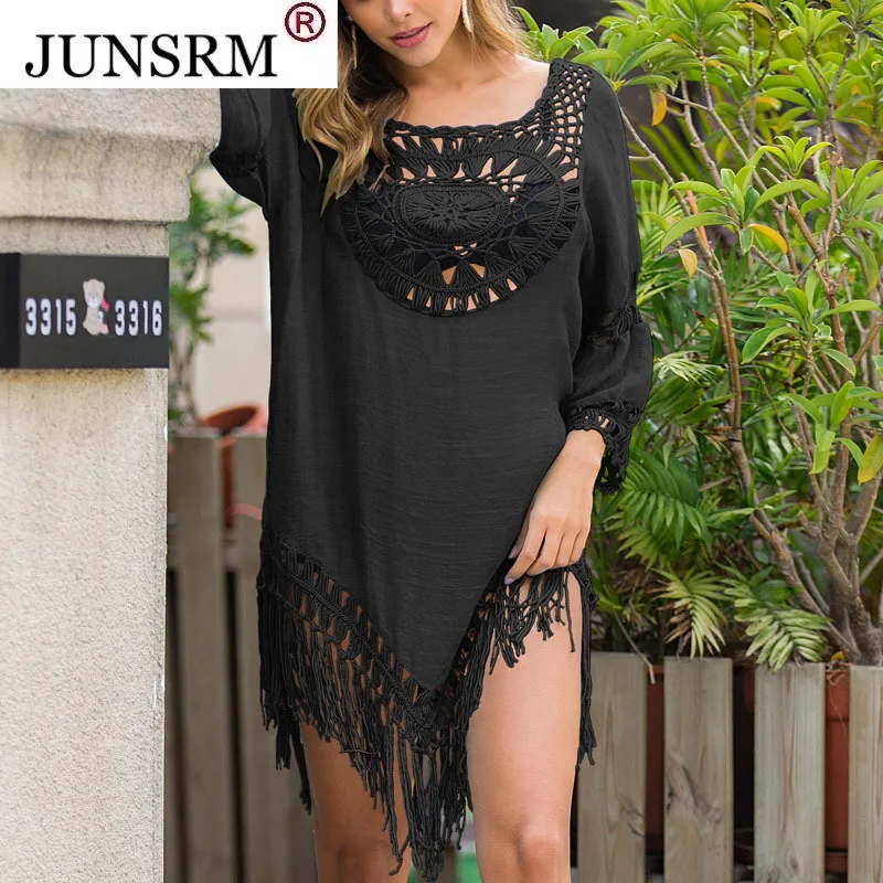 

JUNSRM Sexy Tassel Cover Ups Tunic Swimsuit 2021 Beach Dress Tropical Hollow Out Beachwear Black Backless Summer Swimwear New