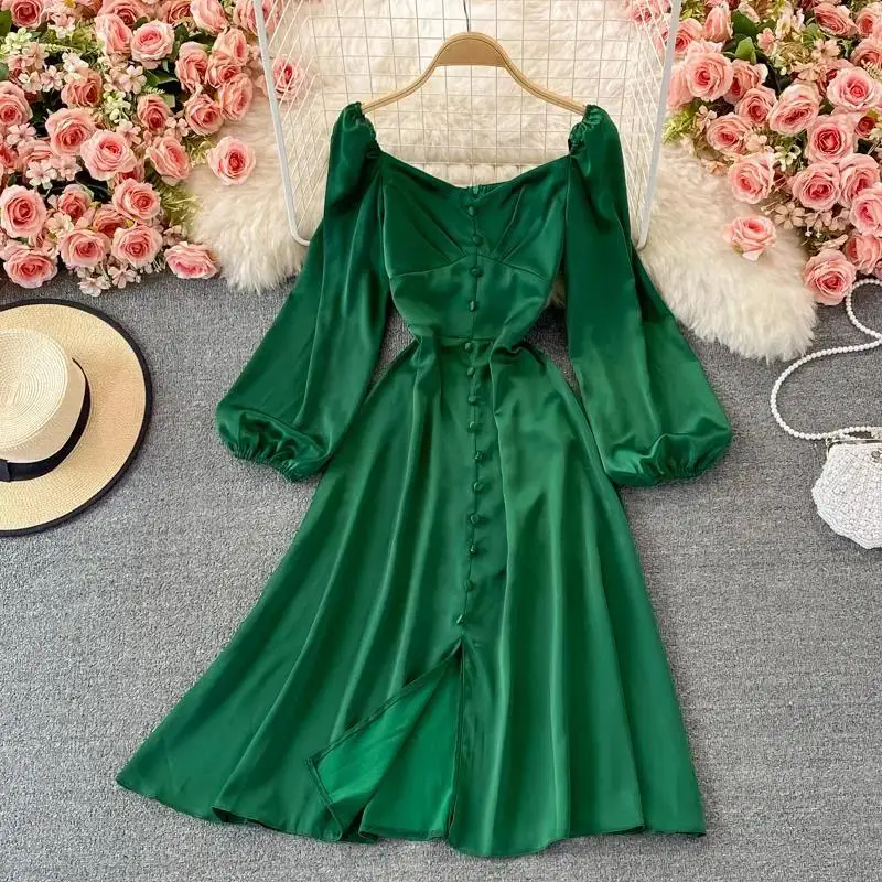 

Retro knee-length dress casual long-sleeved high-waist single-breasted dress female autumn new fashion spring 2022