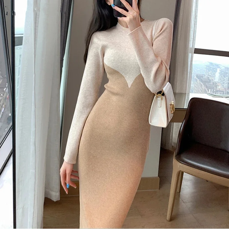 

Stylish O-neck Patchwork Knitted Dress for Women Autumn Winter Full Sleeve Slim Ladies Bodycon Sweater Dress 2021 Drop Sh[pping