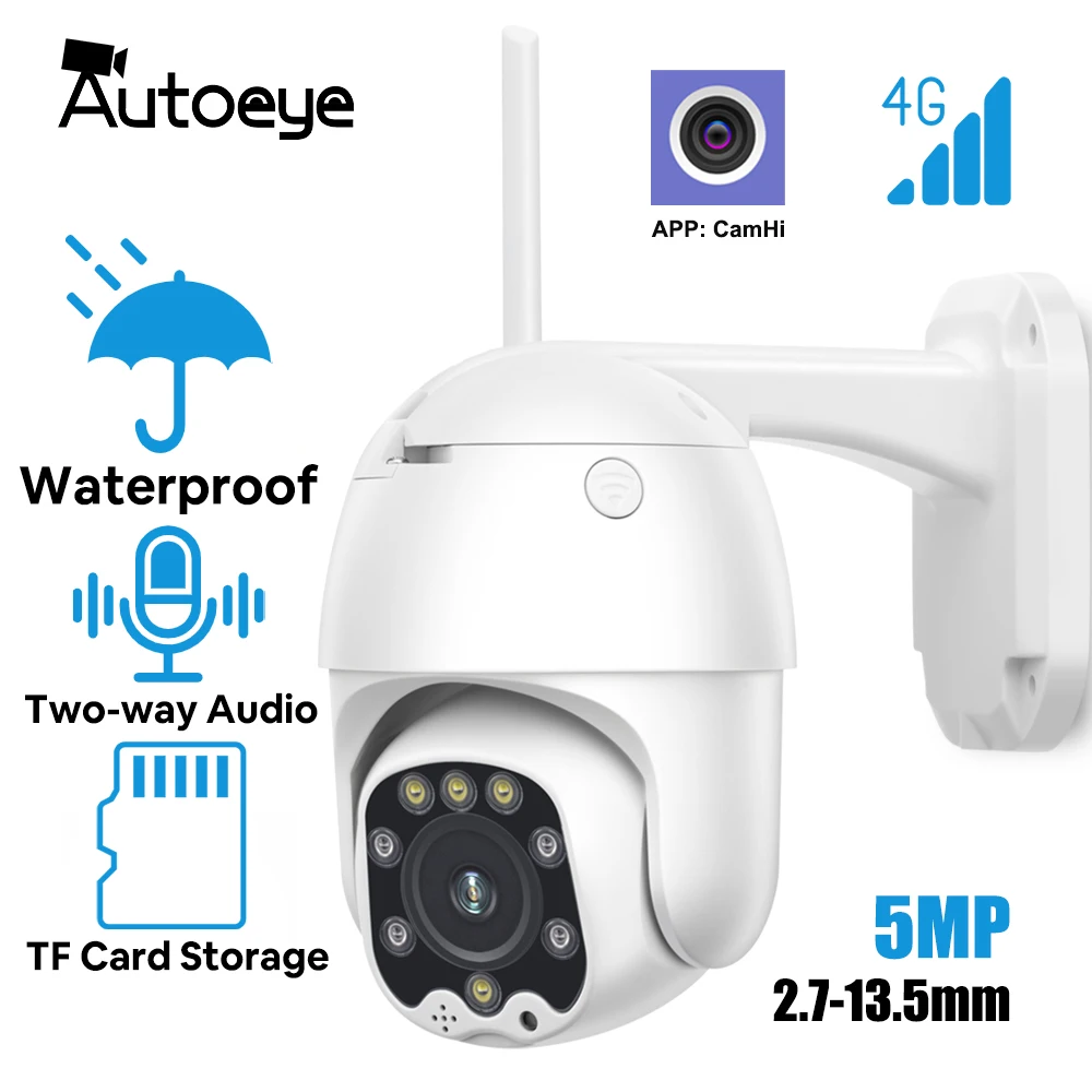 

IP-камера Autoeye, 4G, PTZ, 5 МП, 2,7-13,5 мм, моторизованная, с переменным фокусом, HD, водонепроницаемая, с поддержкой Wi-Fi