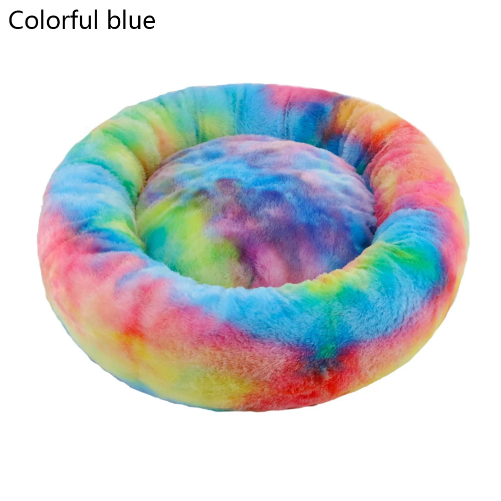 Colorful blue Длинная плюшевая кровать для питомца, супер мягкая круглая кровать для питомца, кровать для собаки, зимний теплый спальный мешок для кошек, гнездо, зимняя теплая спальная кровать, коврик для щенка - Цвет: Colorful blue