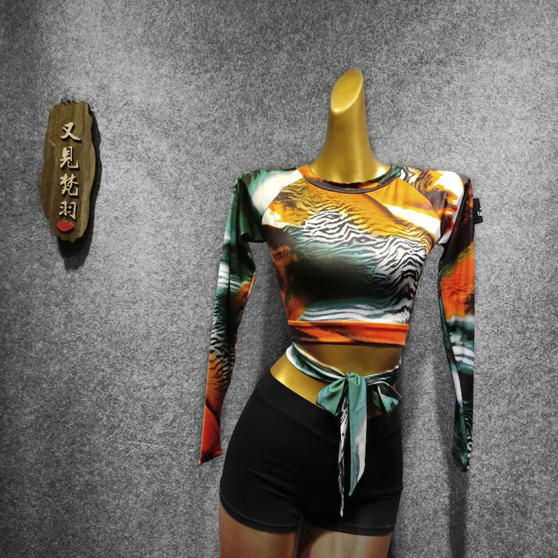 Леопардовый топ для латинских танцев костюм на шесте Женская Одежда одежда