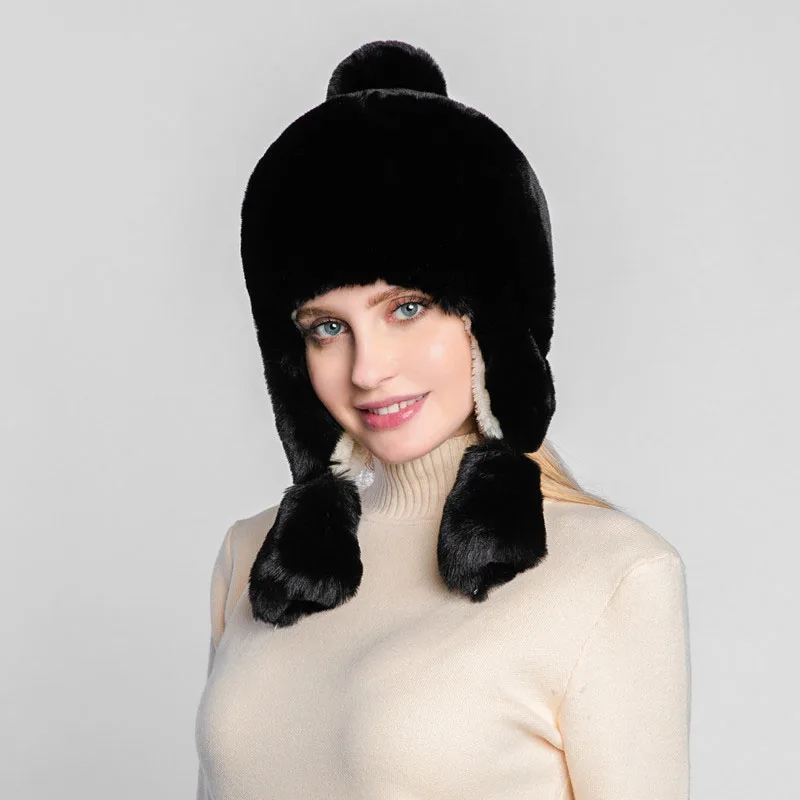 

Women Faux Fur Hat for Winter Rabbit Fur Cap Russian Female 2019 New Fashion Warm Beanies Cap Bomber Hats with Ear Flap Headgear
