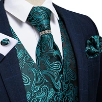 fashion teal blue paisley men waistcoat neck tie ring set silk jacquard wedding suit vest casual sleeveless jacket dibangu