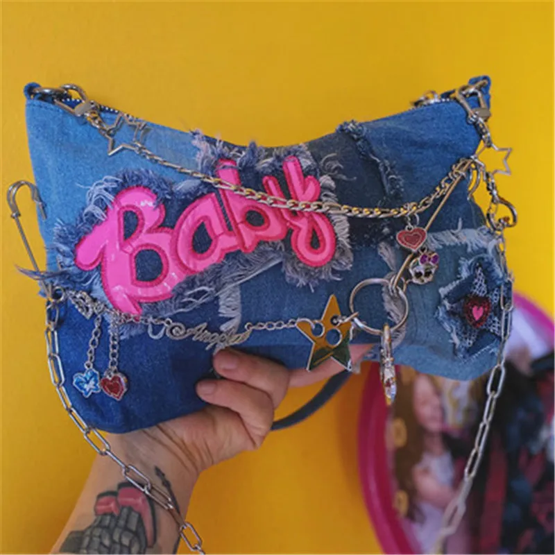 

Original cowboy stitching hot girl retro street underarm bag multi-layer chain shoulder bag female