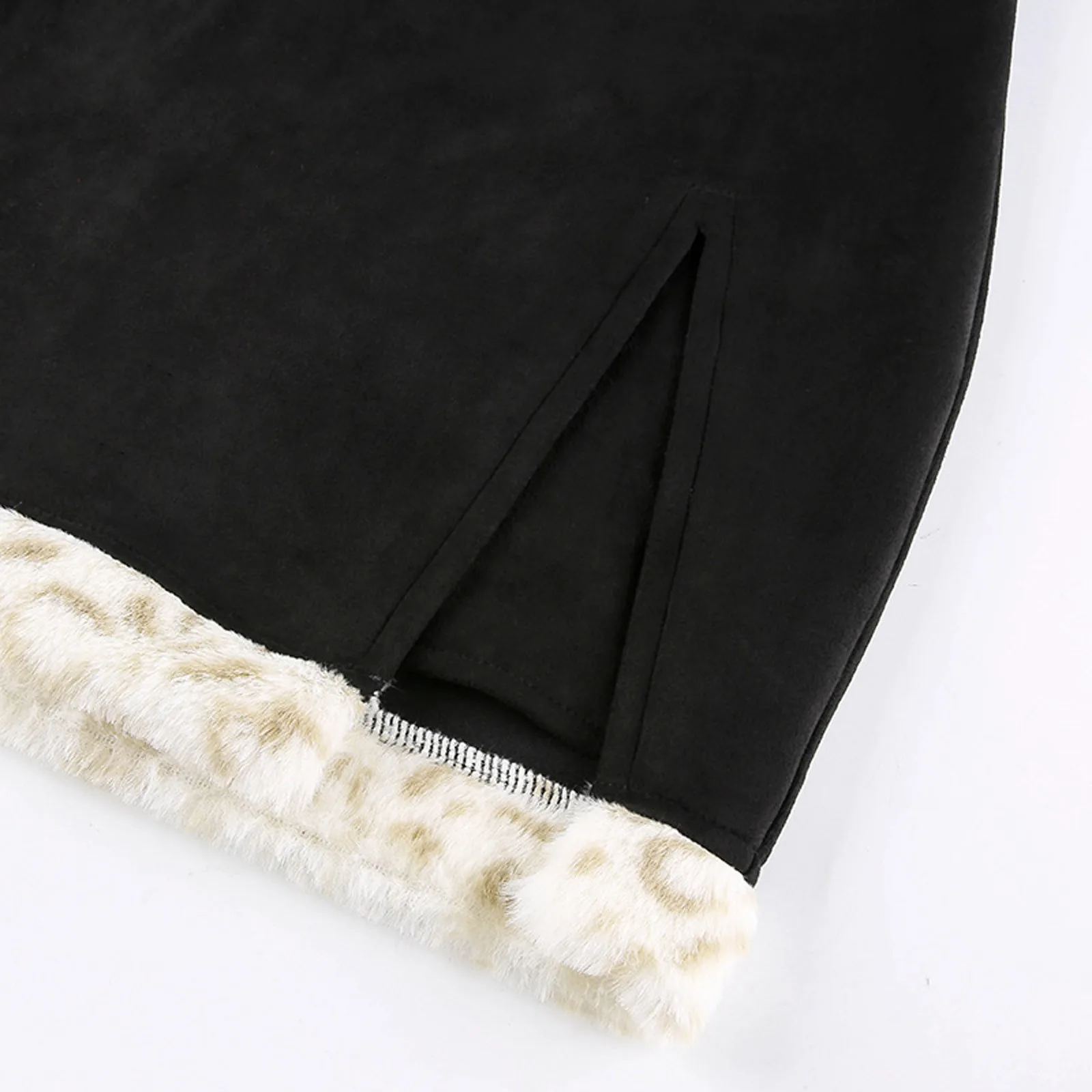 

Autumn Winter Vintage Suede Leopard Furry Patchwork Pencil Skirt High Waist Zipper Tight Mini Skirt Split Bodycon Women Skirts