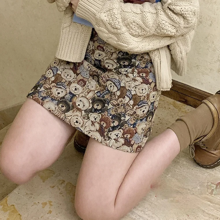 Милая винтажная Жаккардовая юбка в японском стиле ретро мишка тедди с высокой