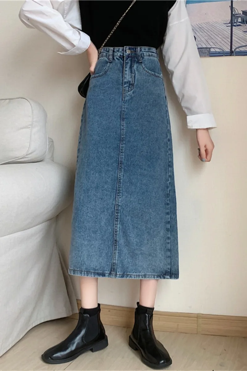 

A-line skirt children's 2021 spring new split high waist mid length denim skirt looks thin and versatile