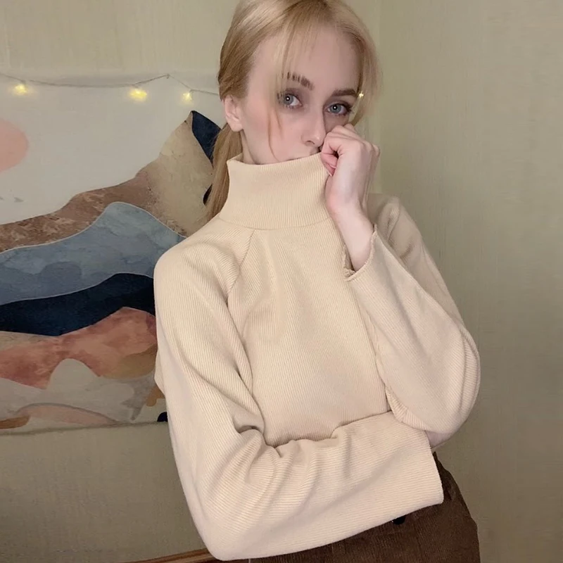 Женский свитер с высоким воротником однотонный Свободный пуловер в Корейском
