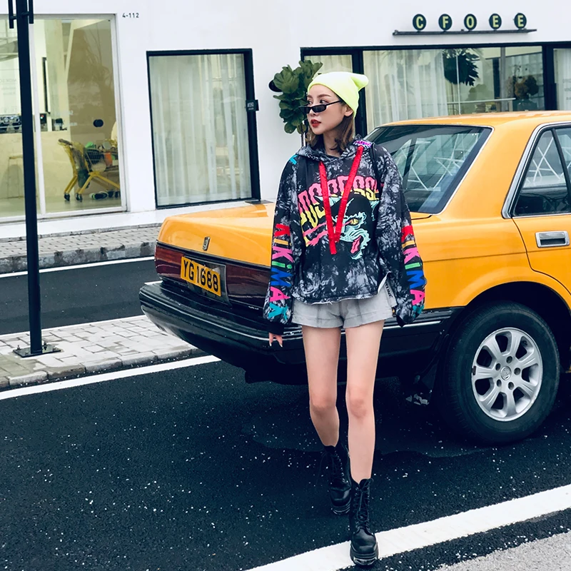 7mang 2019 осенняя Женская мода уличная граффити с принтом дьявола худи Harajuku