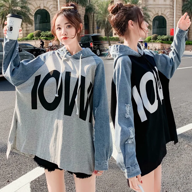 

Spring Letter Printing Women Sweatshirt 2020 Denim Patchwork Hooded Sweatshirt Pullover Streetwear Black Gray Sweatshirt