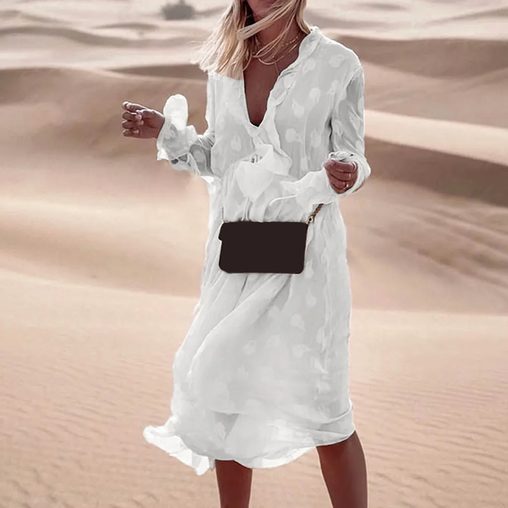 Элегантное белое платье Осеннее модное с принтом расклешенное длинными рукавами