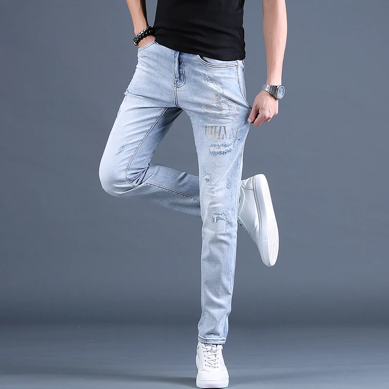 Summer Men Light Blue Ripped Jeans Fashion Rhinestones Slim Fit Pants Streetwear Casual Denim Trousers