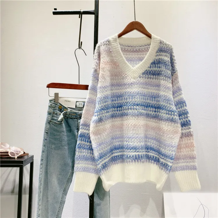 Женский свободный свитер с v-образным вырезом градиентный цвет зима 2020 | Женская