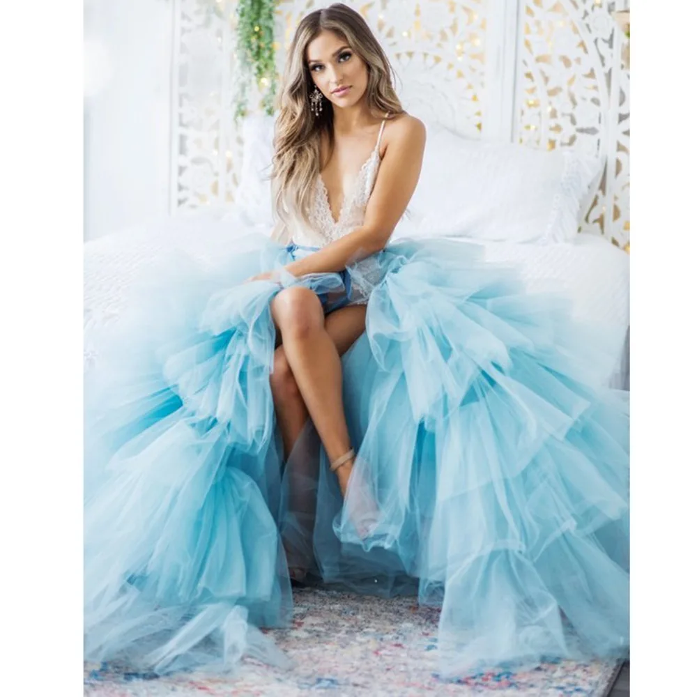 

Sky Blue Tiered Ruched Pregnant Wrap Tulle Skirts For Photography Bridal Detachable Train Over Tutu Skirt Women Overlap Skirt