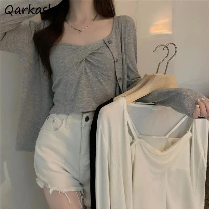 

Sets Women 2 Pieces Outfits All-match Spring Simple Solid Clothes Single Breasted Thin Outerwear and Camis Slim Cropped Design