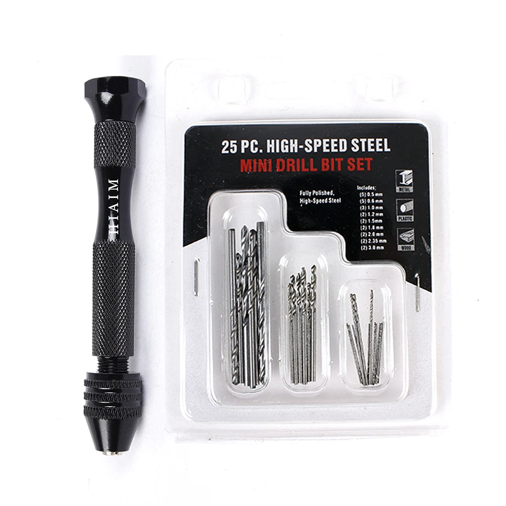 

25 twist drill bits set 0.5-3.0mm with miniature black aluminum alloy hand twist drill handle Wenwan engraving drill bit set