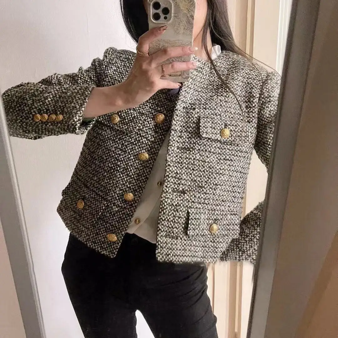 

2021 Autumn Winter Women Tweed Jacket Vintage Button Up Long Sleeve O-Neck Pocket Designer Brand Elegant Lady Coat Tops Clothing