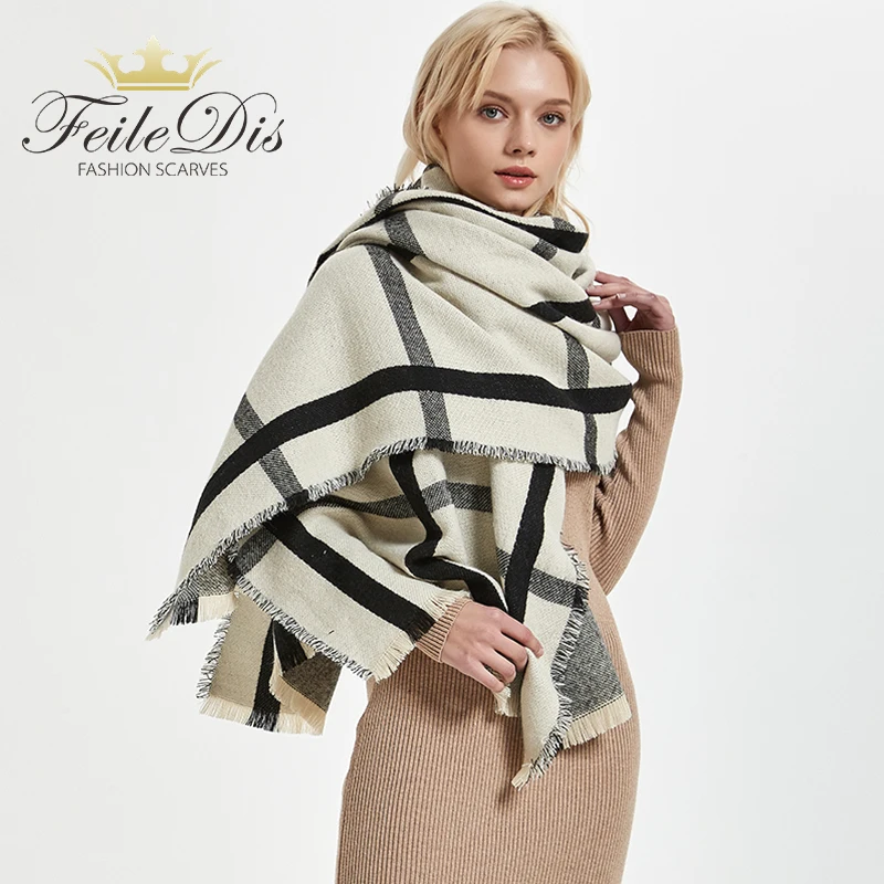 

[FEILEDIS]new black and white double-sided scarf beige plaid scarf warm fashion shawl women girls scarf
