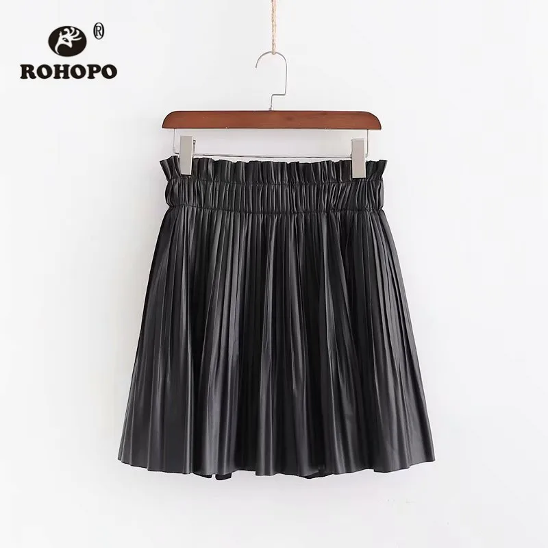 ROHOPO с завышенной талией плиссированная черная юбка из искусственной кожи