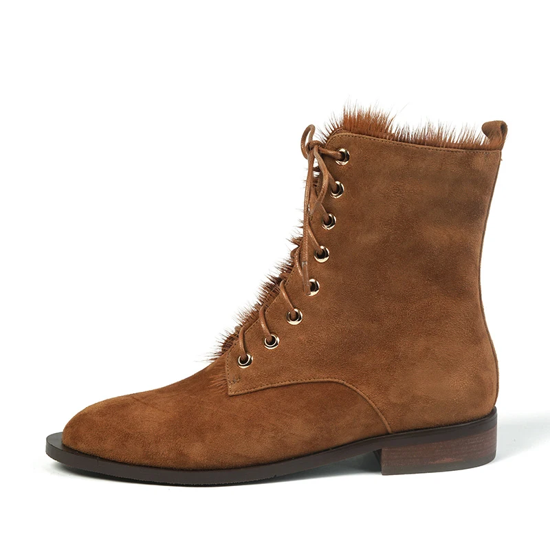 

Women's natural suede leather lae-up flats ankle boots warm plush winter cold weather short martin boots casual shoes for women