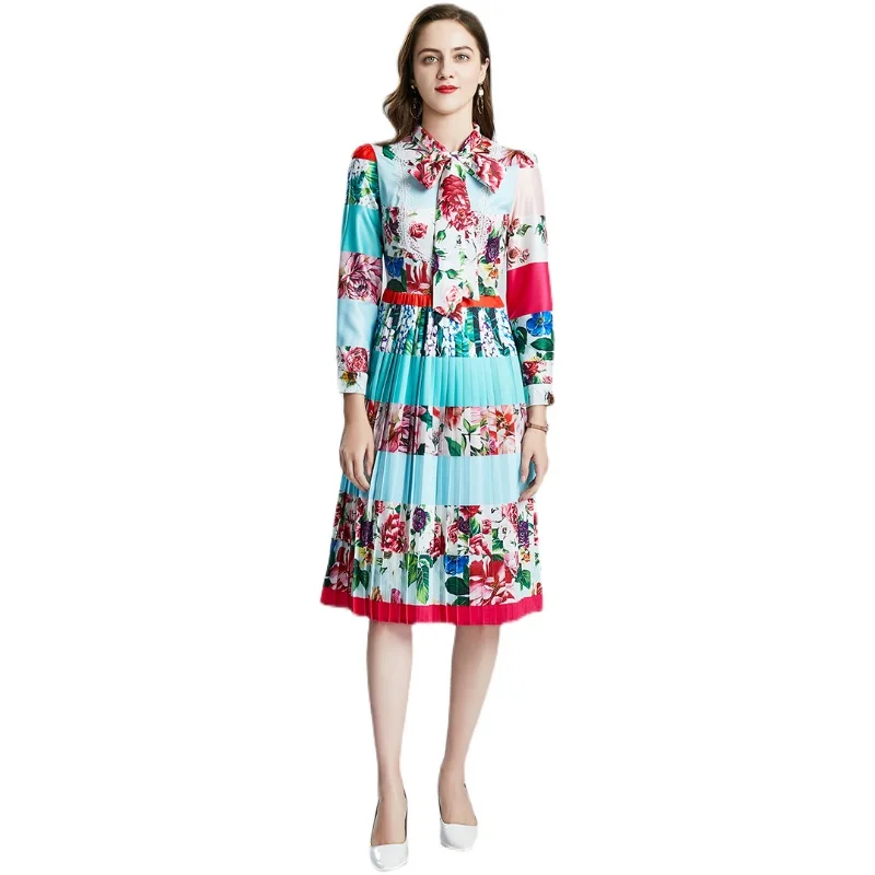 

COIGARSAM Fashion Patchwork Women dress Spring Lace Bow Dresses Blue 344