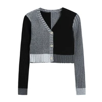 2022 irregular patchwork spliced cardigan crop sweater women long sleeve v neck streetwear slim knitwear elegant chic knit tops