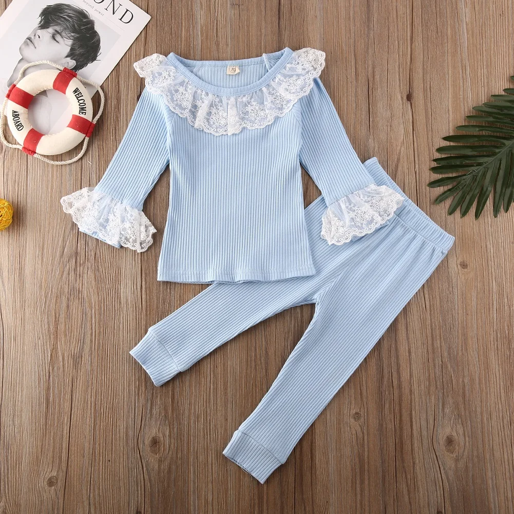 

Kids Baby Girls Clothes Lace Ruffle Top T-shirt Pants Trousers Spring Autumn Kids Girls Sweet Cotton Blend Outfit 2Pcs Sets