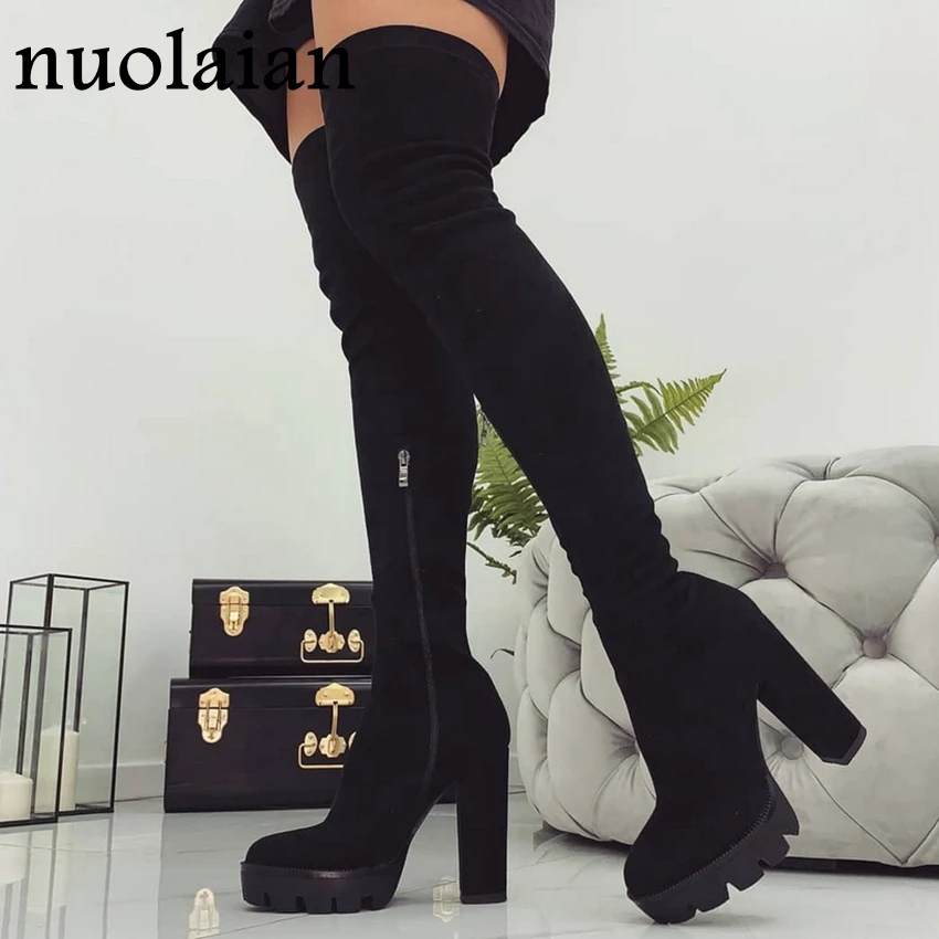 Женские сапоги на платформе 11 см женские зимние выше колена черная обувь из