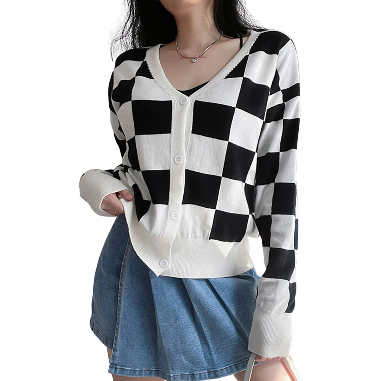 

Spring Autumn Women Single-breasted Knitwear Preppy Style Checkerboard Plaid V-neck Long Sleeve Coat Loose Cardigan