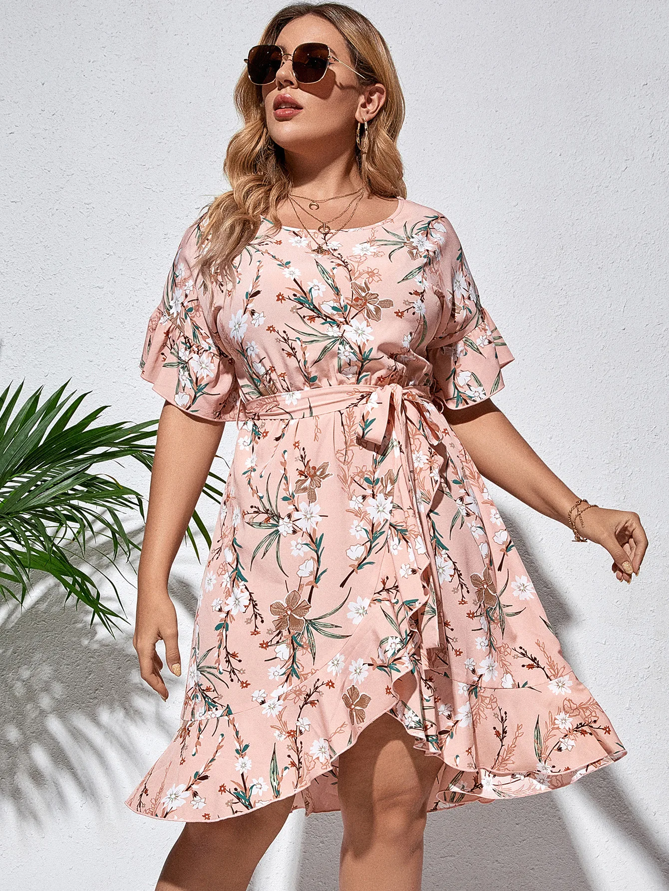 

Floral Dress Printed Flower Plus Size Lace Robe Empire Waist Butterfly Sleeve Summer Dresses with Ruffles Loose Casual Vestidos