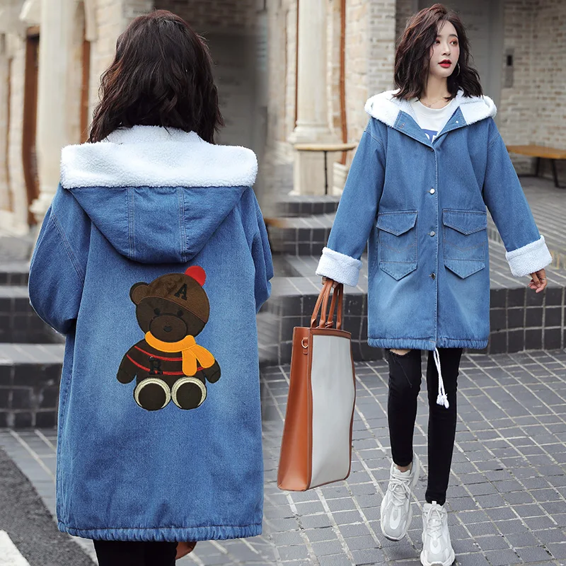 Зимнее джинсовое пальто для женщин толстая теплая подкладка из шерсти хлопковая