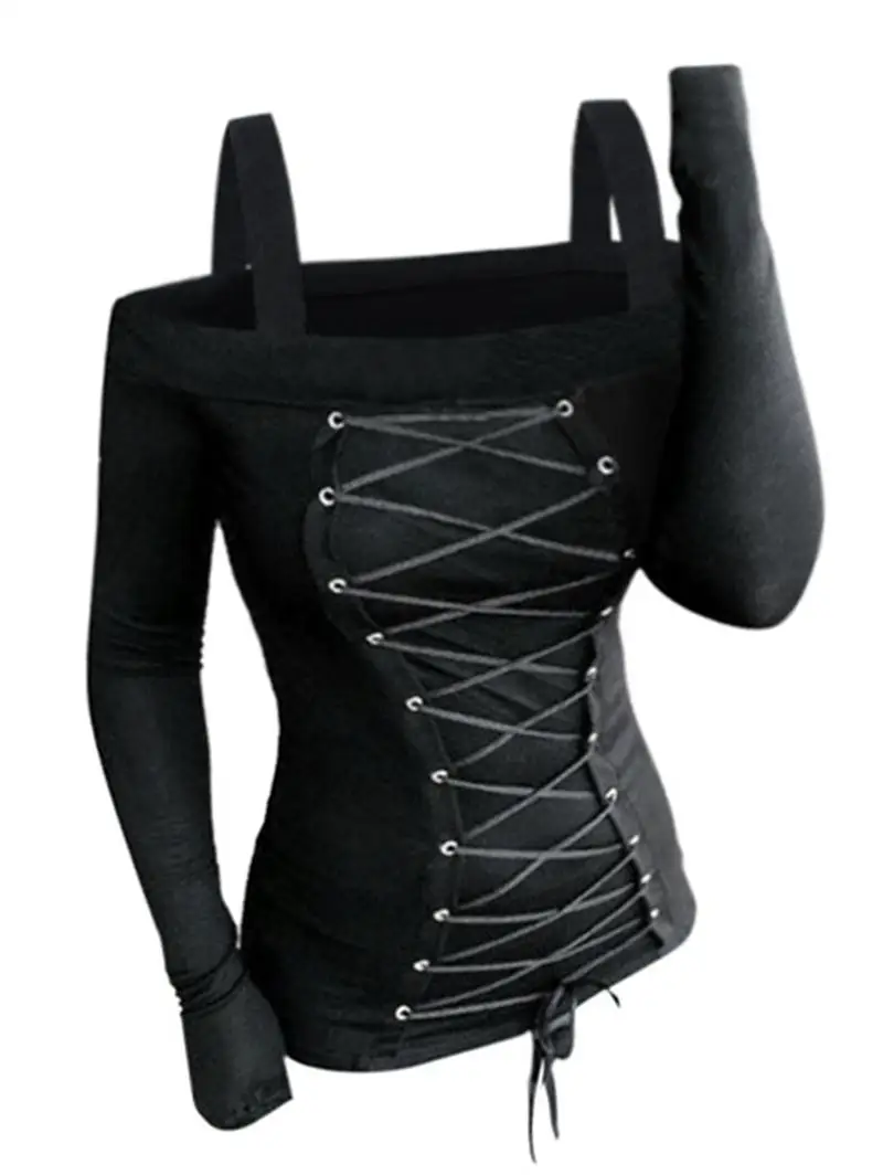 Женская футболка в рубчик с длинным рукавом на шнуровке|Футболки| |