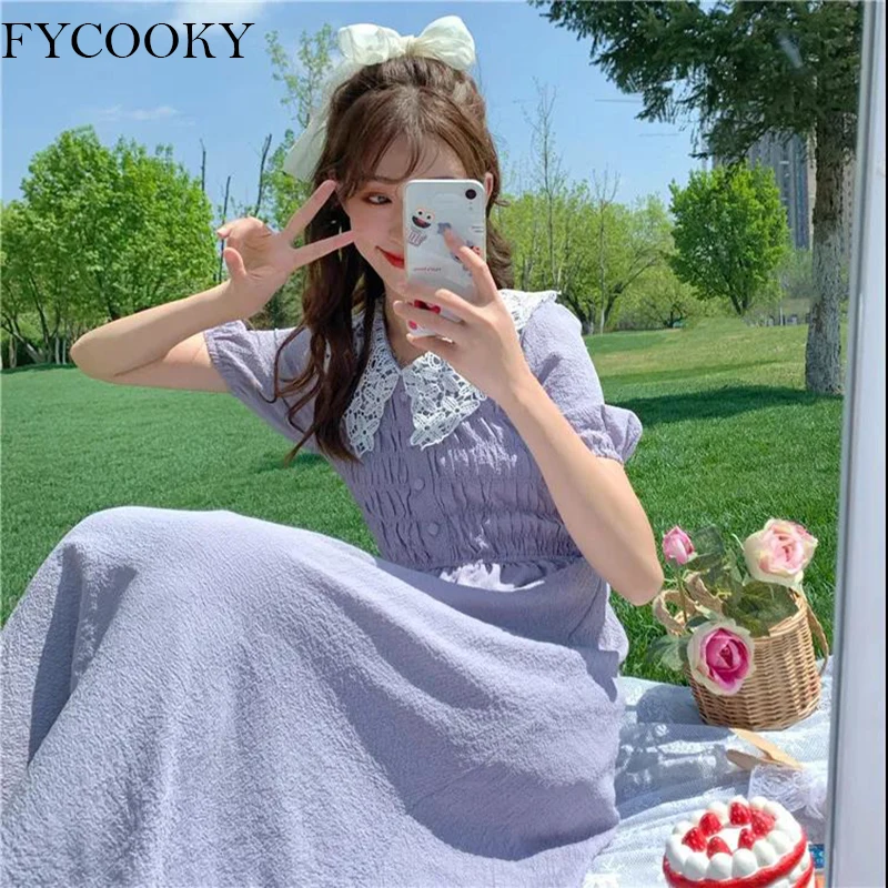 

Sweet Lace Patchwork Dress Cute Peter Pan Collar Dress 2021 Summer French Puff Sleeve Dresses Female