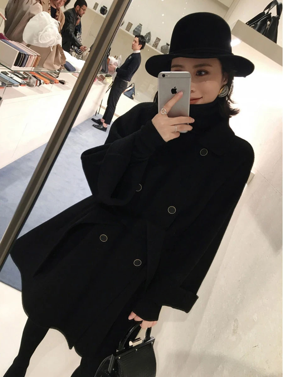 

Autumn/Winter 2020 black double-row buckle cloak cashmere coat with double-sided wool coat jacket for women