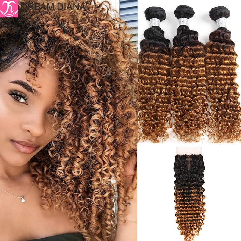 DreamDiana Brazilian Deep Curly With Closure 100% Remy Ombre Human Hair Bundles And Wave | Шиньоны и парики