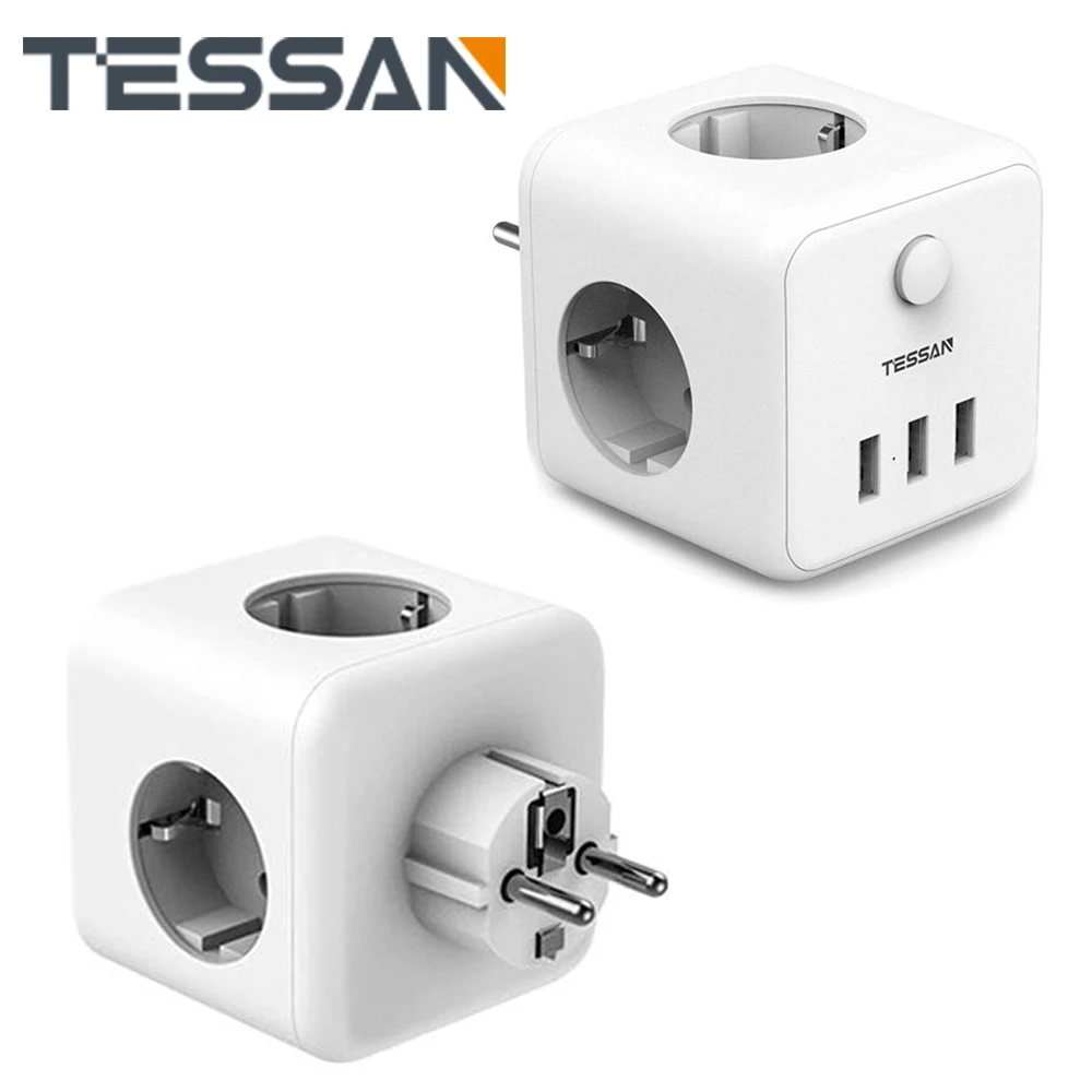 

TESSAN Multiple Sockets Cube Power Strip with 3 Way Outlets 3 USB Ports & Power Switch 2500W/10A, EU Wall USB Charger for Home