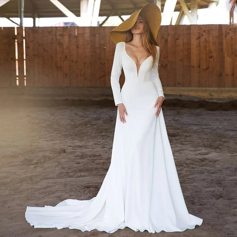 

2021 Wedding Dress Vestido De Noiva Long Sleeve Deep V-neck Simple Sweep Train A Line Chiffon Backless Bridal Gowns