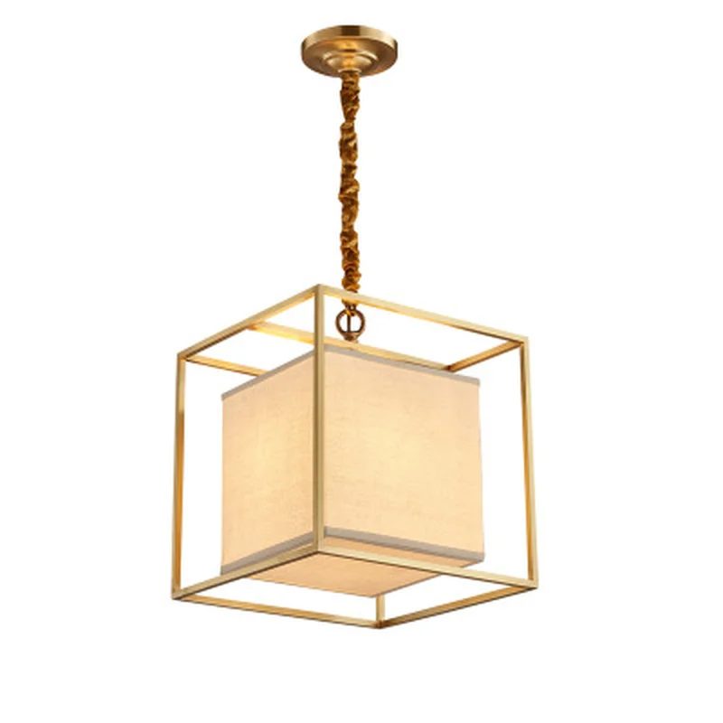 European American golden square cube copper brass LED pendant lamp light fabric frame modern hanging chain | Освещение