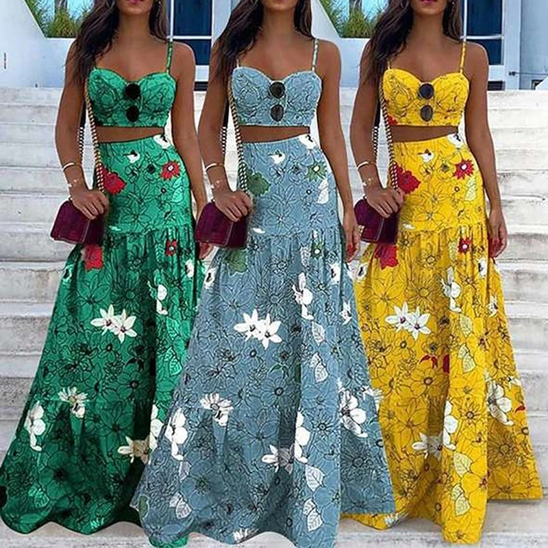 

Women Two-Piece Set Bohemian Sling Printed Party Long Skirt + Tops Summer Elegant Casual Loose Skirt Woman Clothing