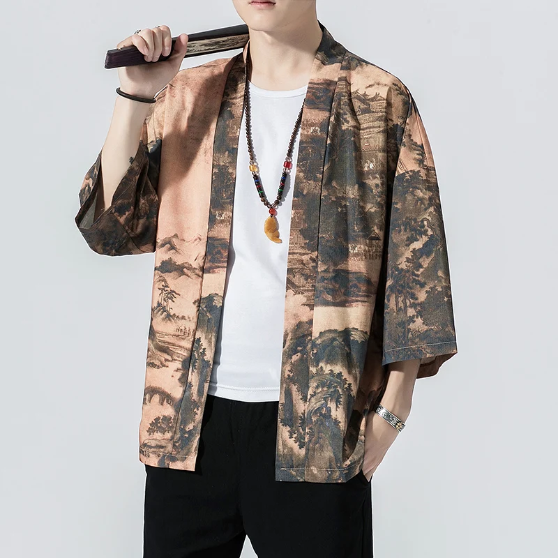 

harajuku kimono cardigan 2020 vintage printed outerwear blouse Mens Cardigan Loose Jacket Yukata Coat Baggy Tops Summer