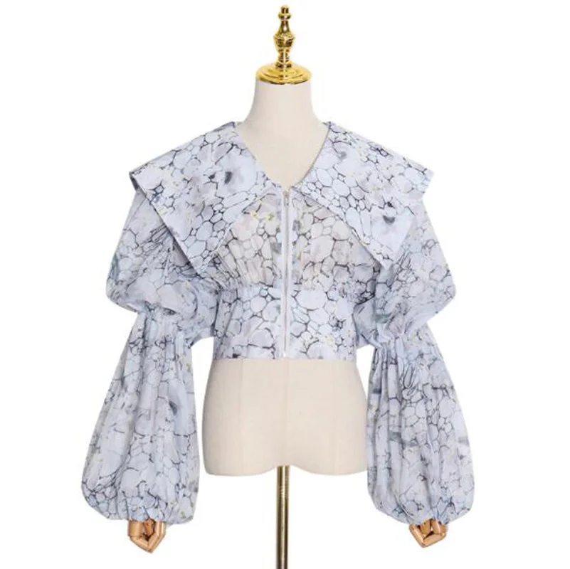 

Cultiseed Women Vintage Big Collar Zipper Print Lantern Sleeve Short Shirts Tops Female New Office Work Party Slim Waist Blouses