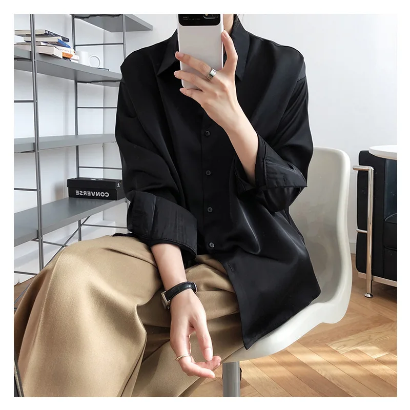 

ZAWAHIKI Vintage Office Lady Satin Solid Blusas Mujer 2021 Spring Long Sleeve Single Breasted Elegant Chiffon Women Blouses Ops