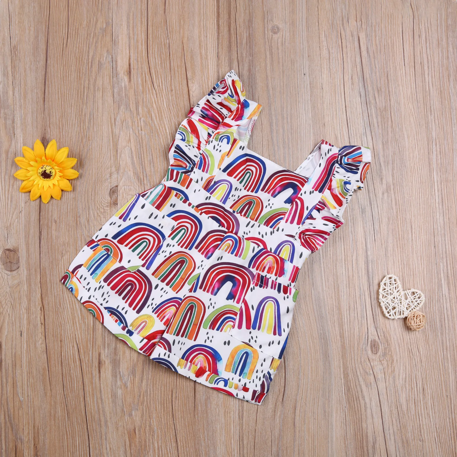 

Pudcoco 0-18M Toddler Baby Girl Summer Rainbow Print Flared Short Sleeve Pocket Backless Romper Colorful Infant Jumpsuit Outfit