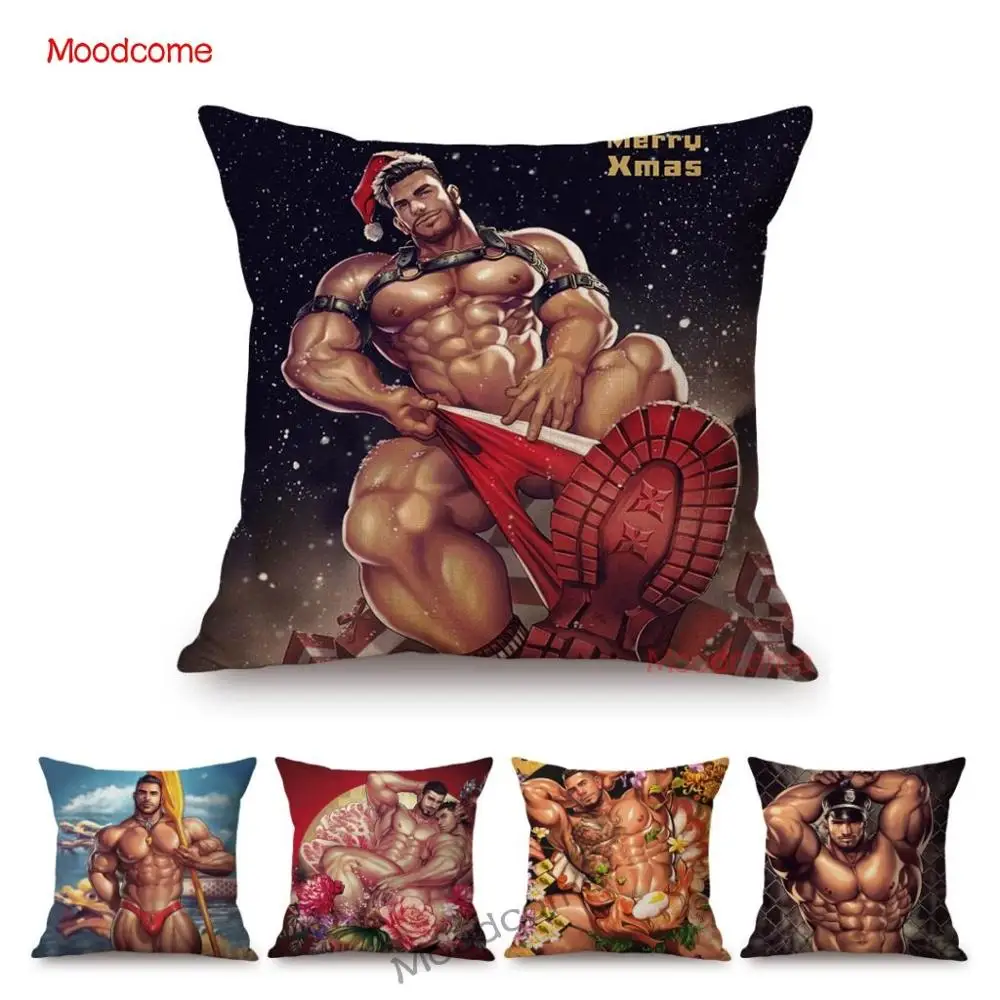 

Декоративная наволочка для диванной подушки, из хлопка и льна, с изображением мускулистых людей, ЛГБТ-парадов